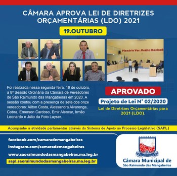 Câmara de Mangabeiras aprova Lei de Diretrizes Orçamentárias (LDO) para o orçamento de 2021 Câmara de Mangabeiras aprova Lei de Diretrizes Orçamentárias (LDO) para o orçamento de 2021