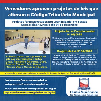 Vereadores aprovam projetos de leis que alteram o Código Tributário de São Raimundo das Mangabeiras Vereadores aprovam projetos de leis que alteram o Código Tributário de São Raimundo das Mangabeiras