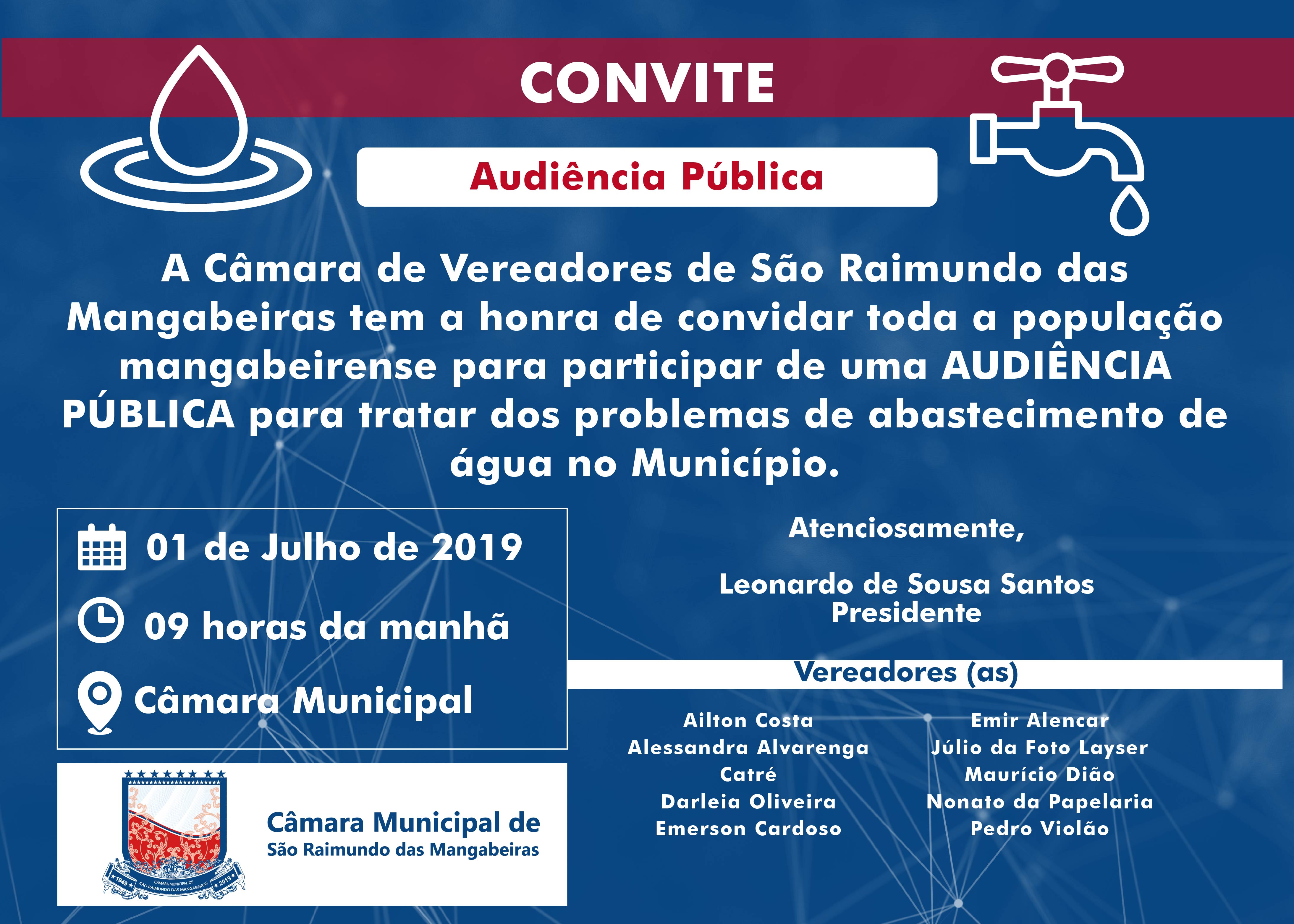 Audiência Pública sobre problemas no abastecimento de água de Mangabeiras será realizada no dia 1° de julho