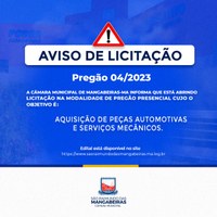 Câmara de Mangabeiras abre licitação para peças automotivas e serviços mecânicos