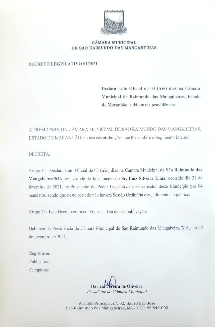 Câmara Municipal decreta luto de 3 dias em virtude do falecimento do Senhor Luiz Silveira Lima