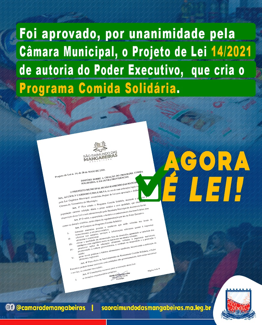 Programa Comida Solidária, aprovado pela Câmara Municipal, agora é Lei